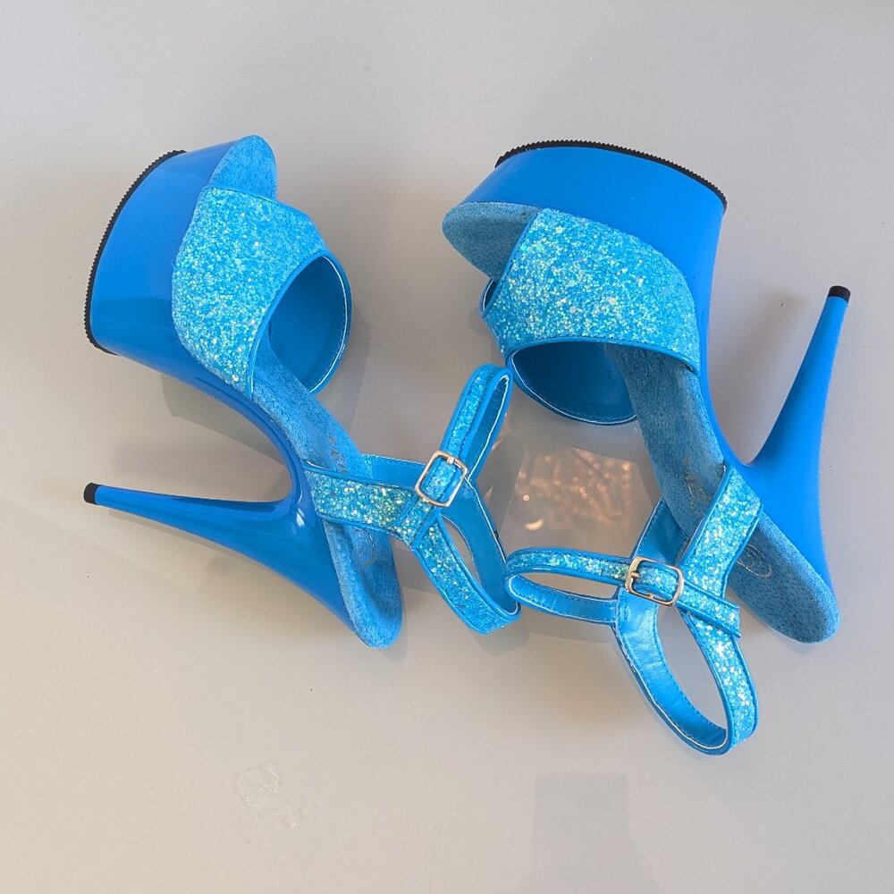 Pleaser Delight 609 Neon Blue Chunky Glitter Peep Toe Platform Stiletto Heels 8 - Picture 4 of 10